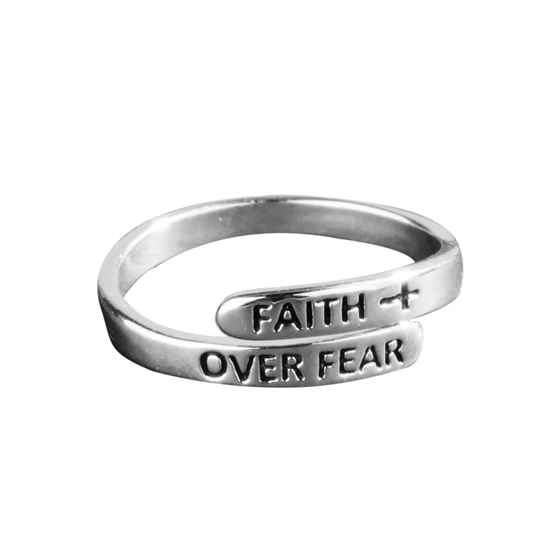 Adjustable Cross Letter Ring Faith Over Fear Ring Silver Inspirational ...