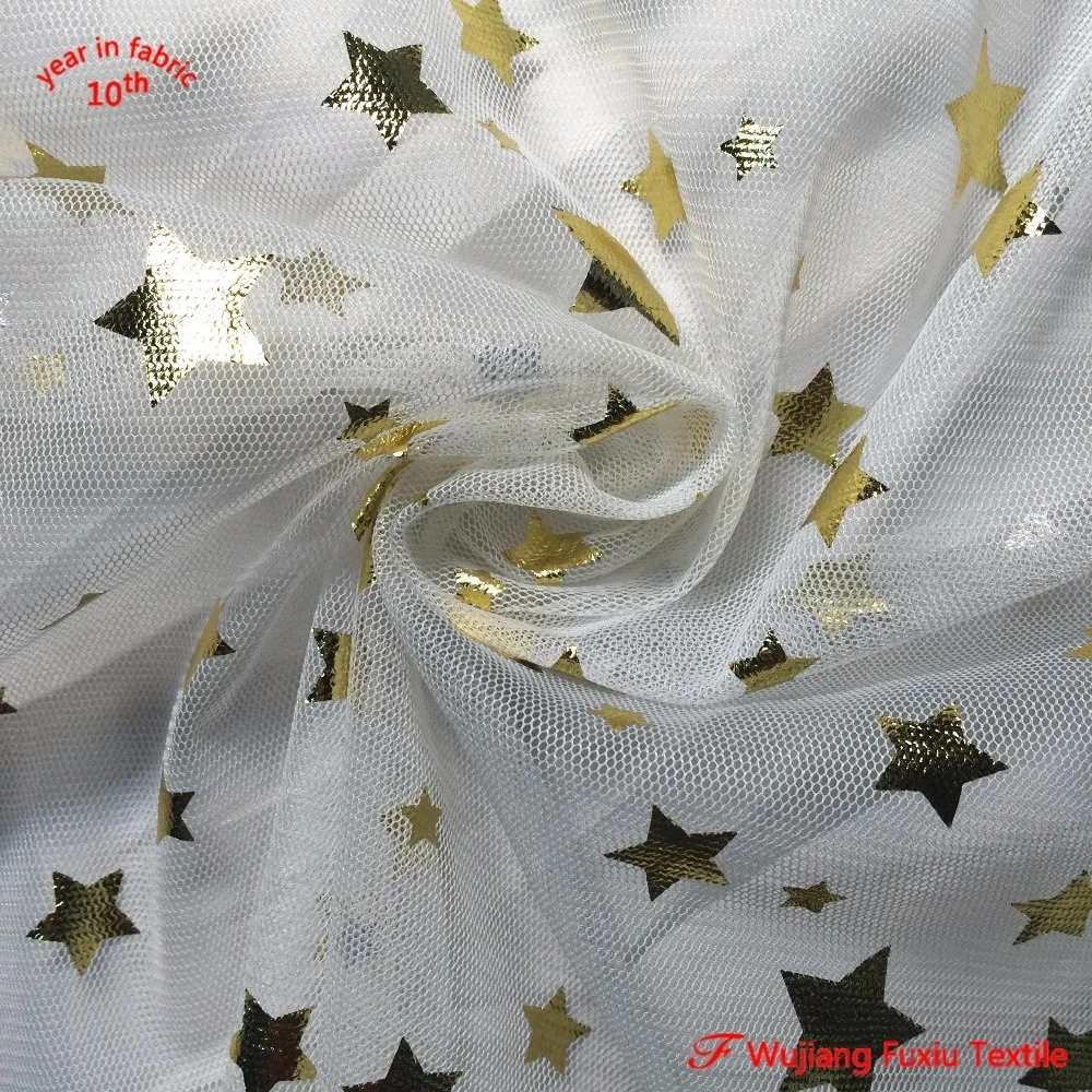 Sparkle Metallic GOLD Star Print White Mesh Fabric Per Metre 100% Polyester 