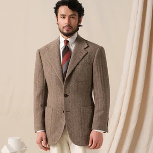 Retro Thickened 450g Heavyweight 100% Wool Coarse Spun Herringbone Patterned Suit Jacket for Men
