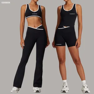 YISHENHON Yoga 4 Pcs Sets Contrast Color Stitching Fitness High Waist Flare Pants Sports Set Outdoor Gym Wear for Women 2 Sets