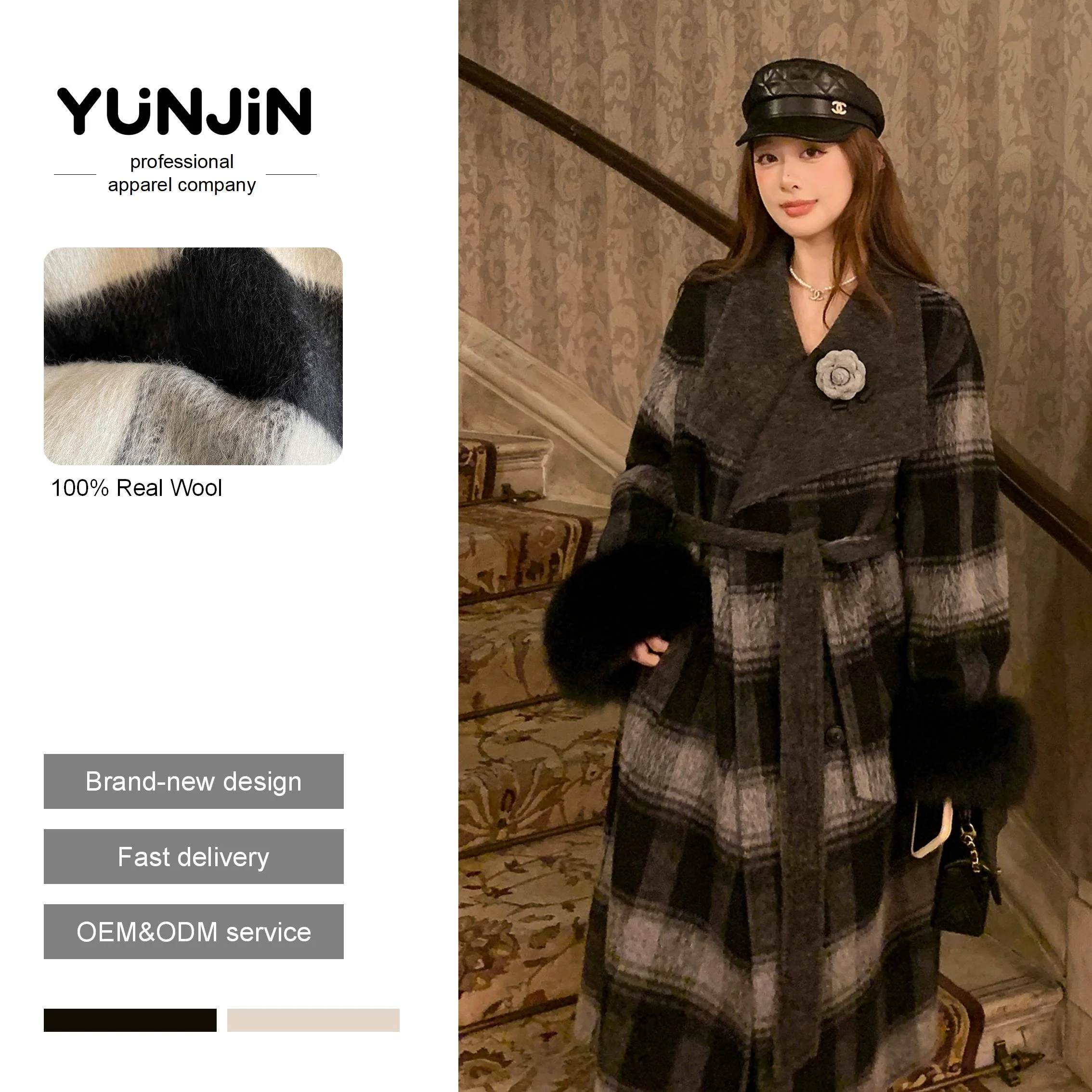 Double-Face Cashmere Coat Women Long Grey-Plaid Belted Slim-Fit