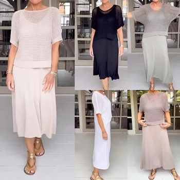 European American Style Casual Solid Color Neck Knitted Sweater Suit Cross-Border New Rack Empty Dress for Summer
