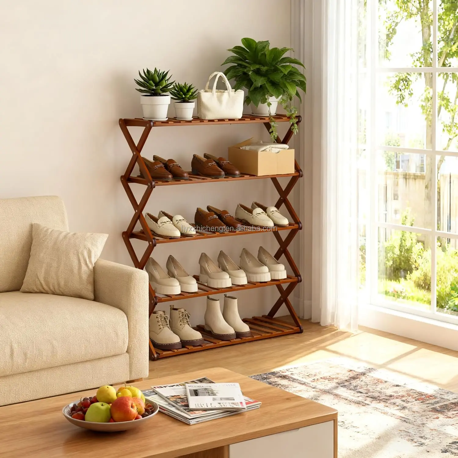 product bamboo foldable shoe rack 5 tier shoe storage organizer  folding shoe shelf for entryway bathroom  living room-6