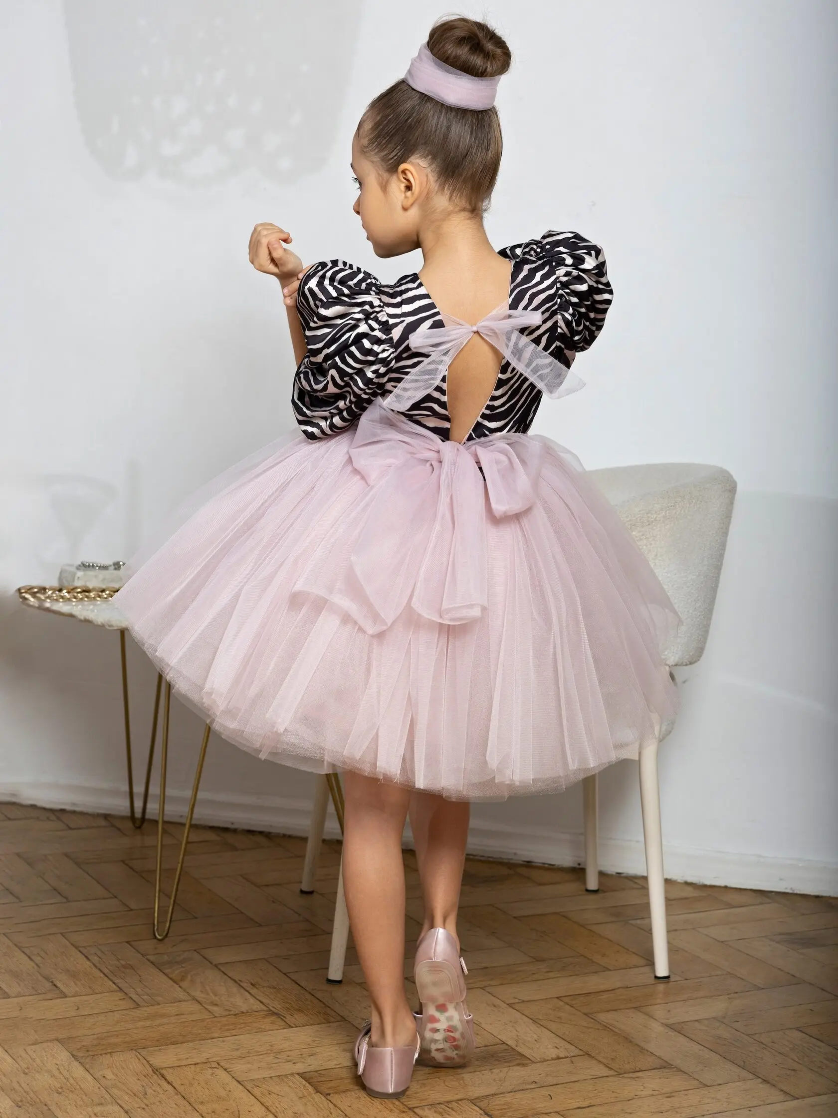 Custom Zebra-stripe Print Princess Performance Party Ball Gown Children Clothing Kids Wear Flower Girls Layered Dresses