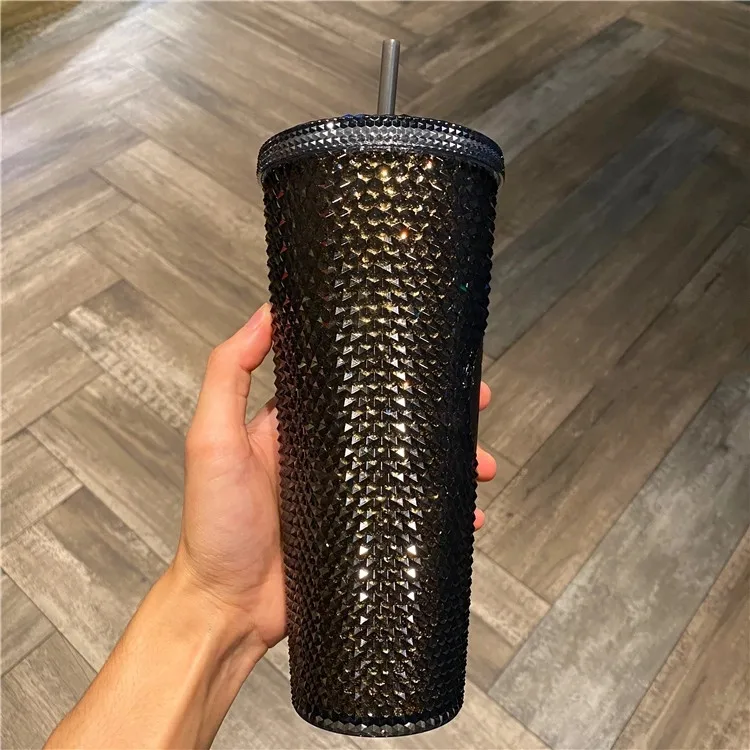 2021 Hot Sale Insulated Water Cups Colorful Double Wall Plastic Cups Reusable Studded Gold Pineapple Tumblers With Lid and Straw