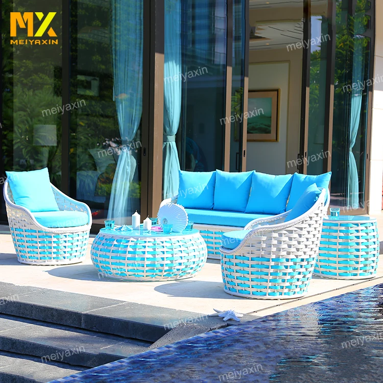 Europe popular waterproof comfortable high end blue outdoor rattan wicker furniture