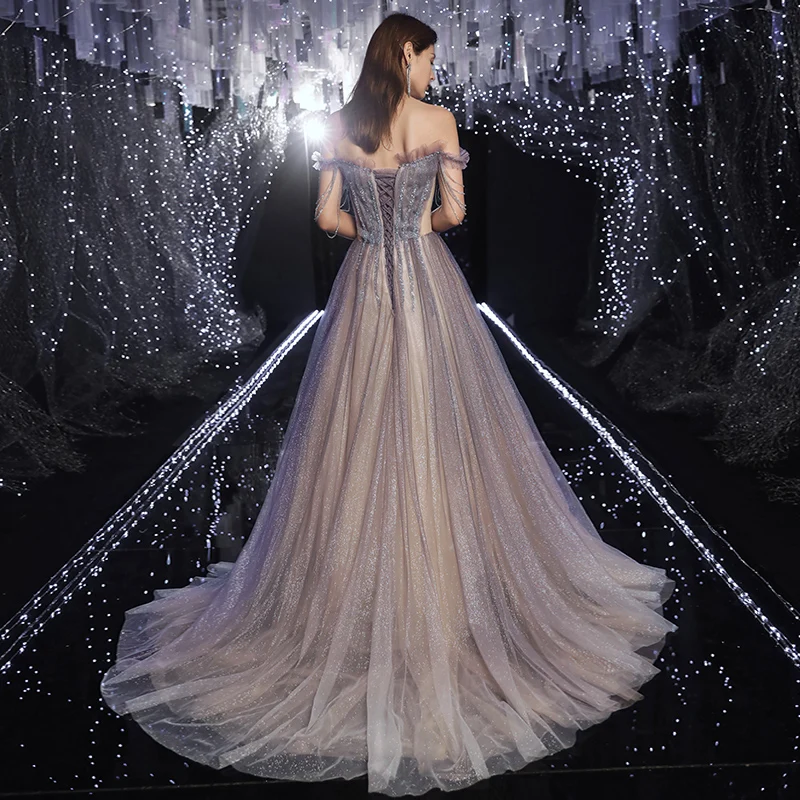 2020 Beaded Sleeveless Luxury Off Shoulder a Line Purple Evening Dress Prom  Party Wear Gowns