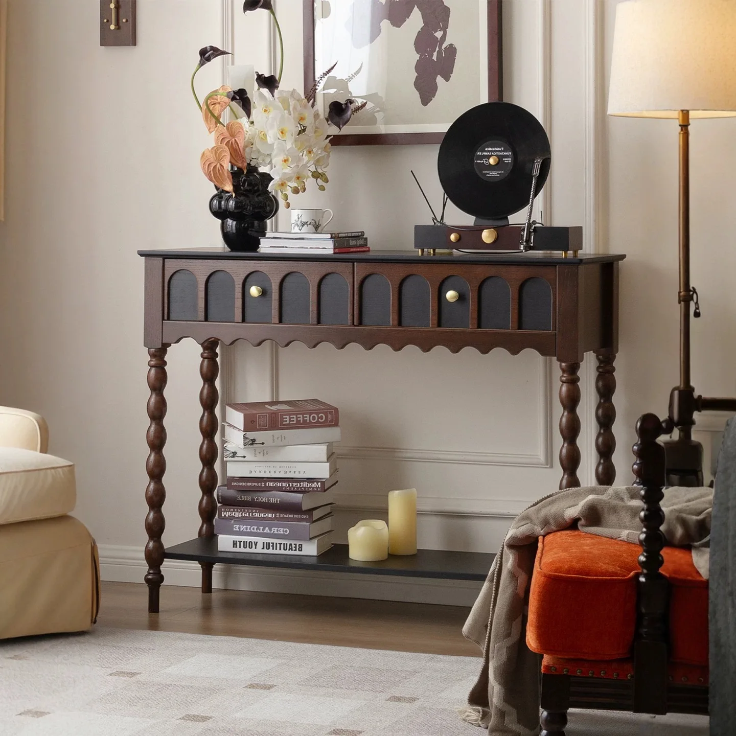 Solid Wood Bobbin Legs Side Table with Scallop Edge Vintage Accent