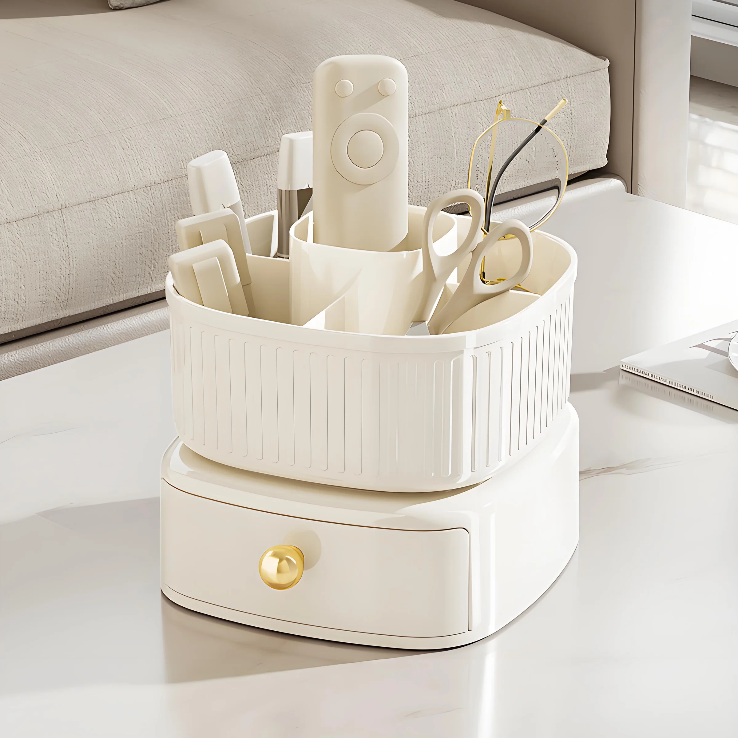 360 Degrees Rotating Makeup Brush Holder with Drawer Makeup Organizer Countertop Skincare Storage for Vanity Desktop Bathroom