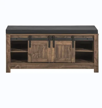 Industrial style storage stools with sliding barn doors, drawers and upholstered cushions, benches, shoe cabinets, shoe stools