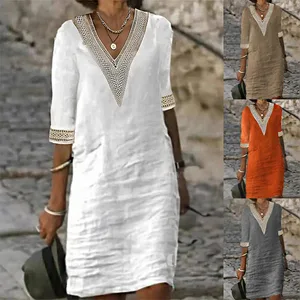 Spring and Summer Women's Solid Color V-neck Mid Sleeve Cotton and Hemp Elegant Dress