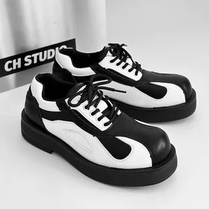 Men's Vintage Derby Shoes Thick Anti-Slip Soles British Casual Style Niche Black White Leather Autumn Wear-resistant Big Head