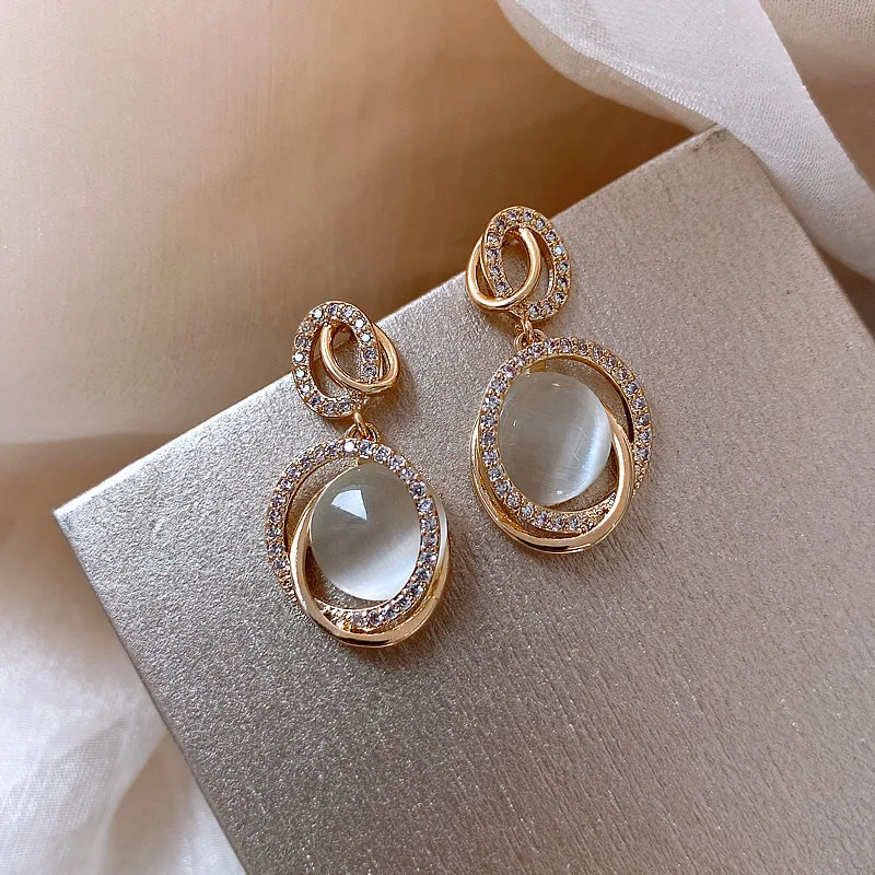 HOVANCI Ladies Fancy Items Gold Vermeil Earring S925 Silver Needle Cat Eye Stone Elegant Earring Women with Zircon