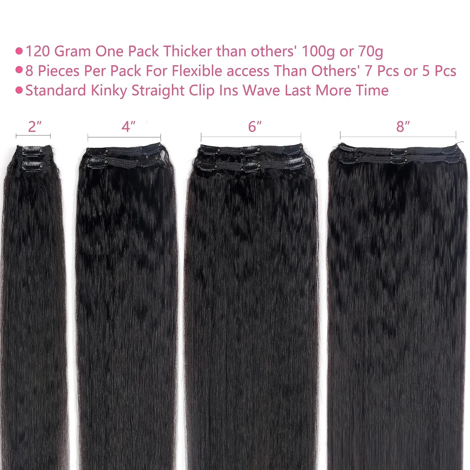 Kinky Straight Clip-In-Haarverlängerungen, 26 Zoll, Echthaar, dick, großes Volumen, natürliche Haarfarbe Nr. 1B, Naturschwarz, 120 g, für Frauen_voghion.com