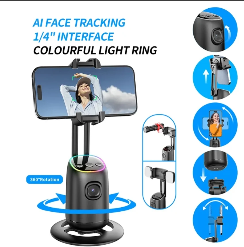 P05 AI Intelligent Tracker 360 Degree Rotation Portable Ai Face Tracking Tripod with Dual Cold Shoe Ports