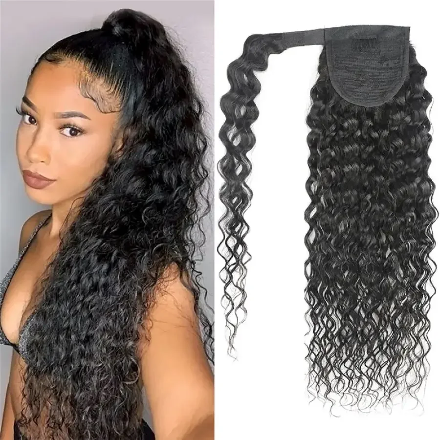 26 Inches Deep Wave Curly Brazilian Remy Hair Ponytail Extensions Clip Ins Natural Color_voghion.com