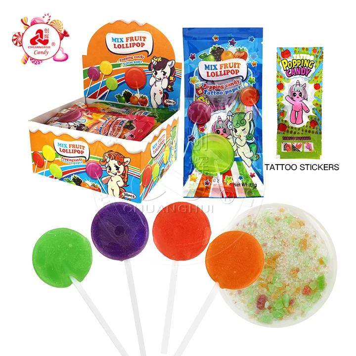 Supply Mix fruit round flat hard lollipop with popping candy and 
