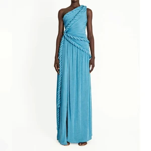 ZYHT 73583 Braids Split Straight Maxi Sheath Silhouette Ruched One-Shoulder Sleeveless Blue Long Elegant Women's Evening Dress