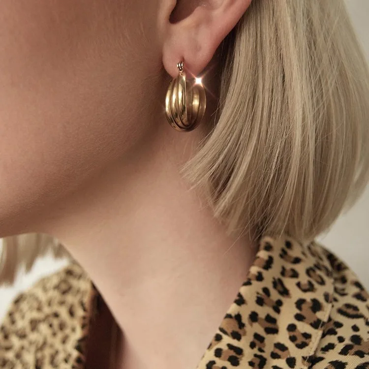 Chunky Statement 14k Gold Color Hoop Earrings Ladies Simple Round Hollow Earrings Fashion Jewelry Gift