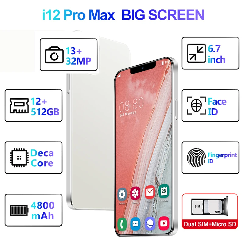 Лидер продаж, телефон 12 PRO MAX с логотипом, 12 Гб + 512 ГБ, полный дисплей 6,7 дюйма, мобильный телефон Android l12 PRO, сотовый телефон, смартфон