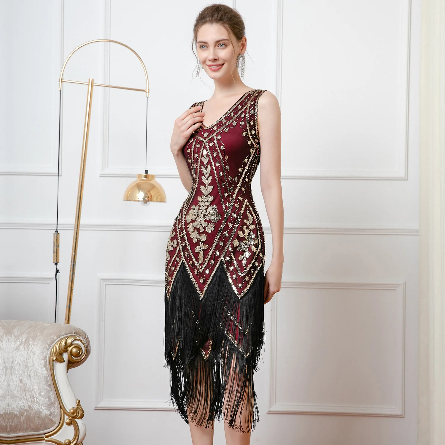 womens sequin holiday dress Zapaka Women Burgundy Long Holiday Dress Sparkly Sequin Mermaid Long Sleeve Party Dress, Champagne / L