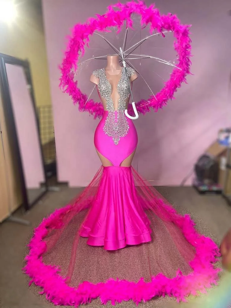 open lace back dress Orange Rhinestone Jersey Long Feather Prom Dress