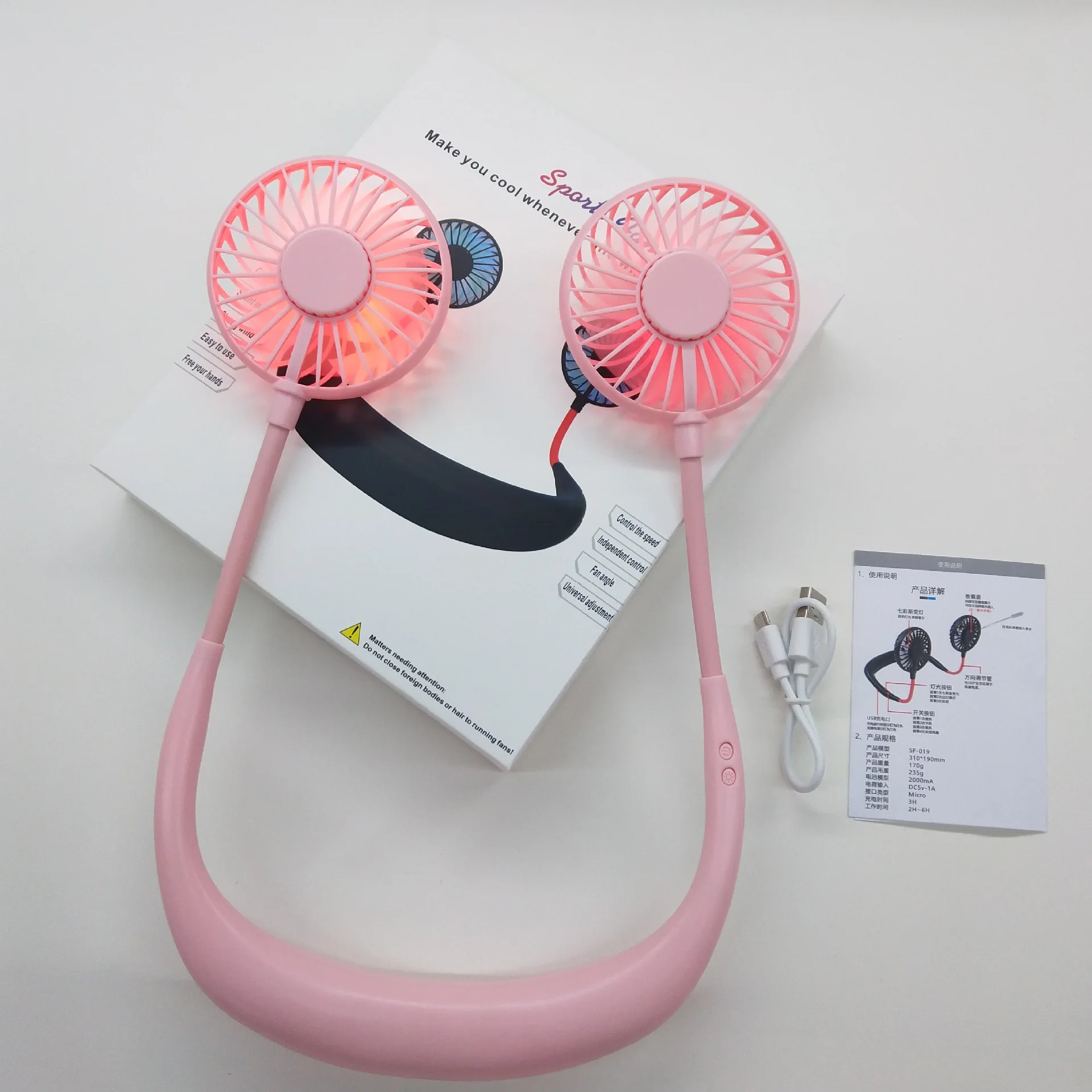 2020 Hot Sale Lazy Wearable Portable Summer Neck Band Dual Rechargeable USB Led Neck Hang Fan 2000mah with CE FCC RHOS Patent