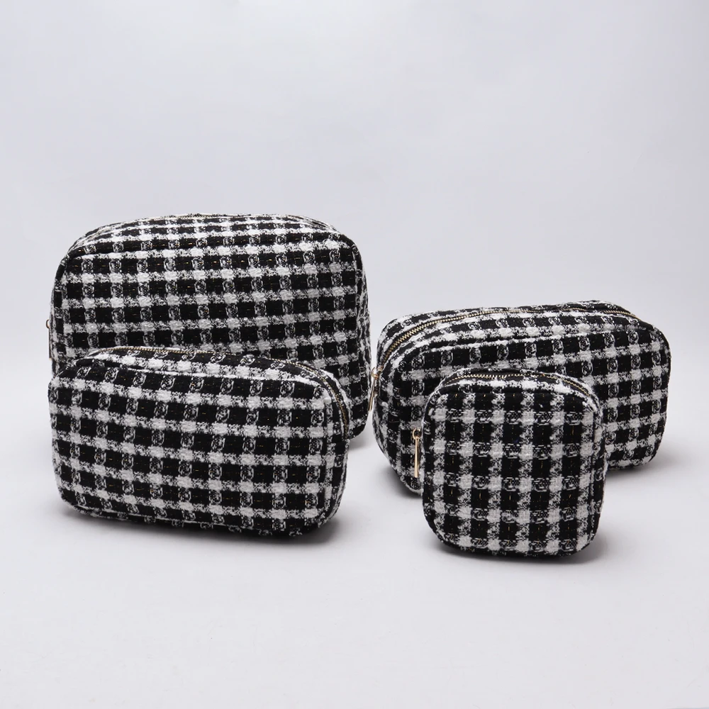 Keymay New Design RTS Stock S M L Xl Navy Blue Light Blue Black Nude Pink Cute Women Plaid Makeup Bag Checkered Cosmetic Bag