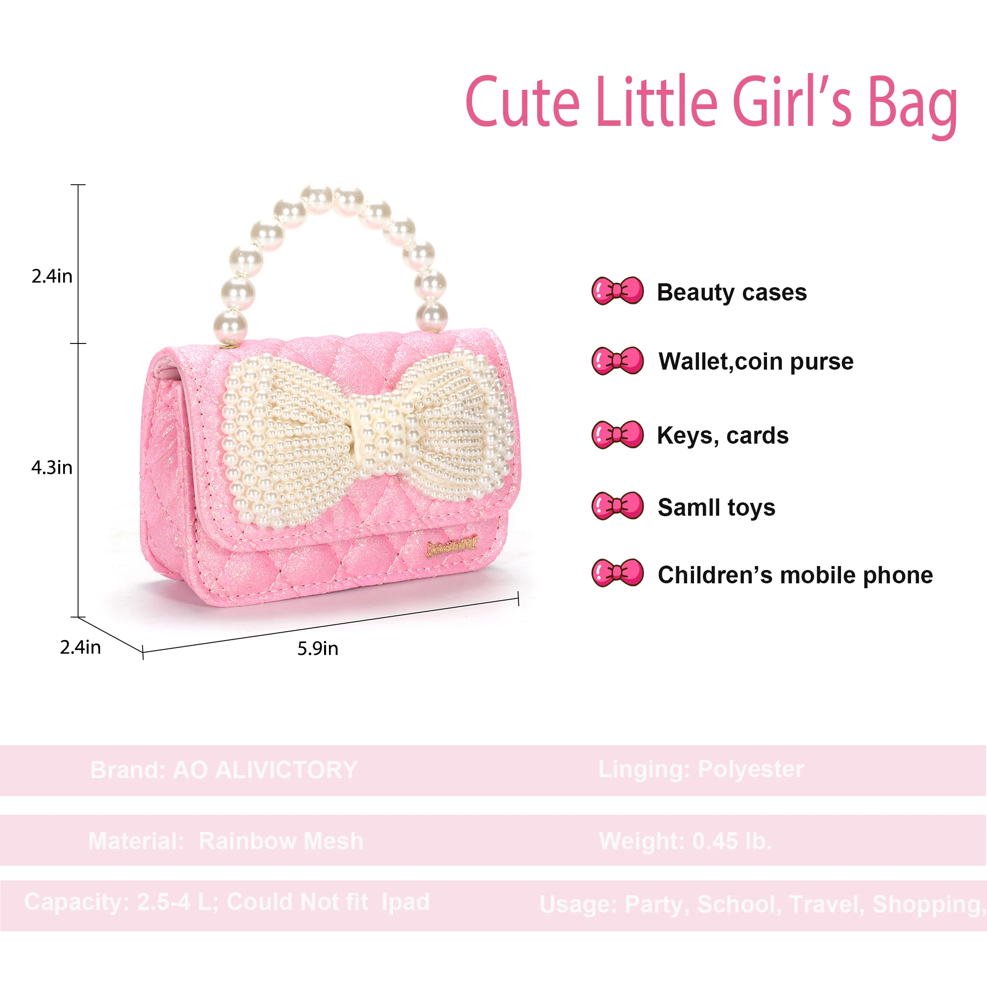Pink AO ALI VICTORY Gifts for Little Girls Mini Kids Purses Baby Glitter Bow Handbags Small Toddler Crossbody Bags 