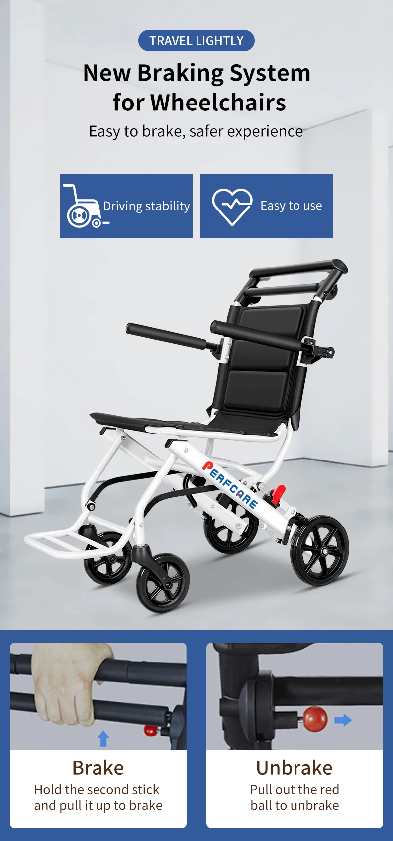 6.8kg Light Weight Manual Wheelchair Aluminum Travel Portable