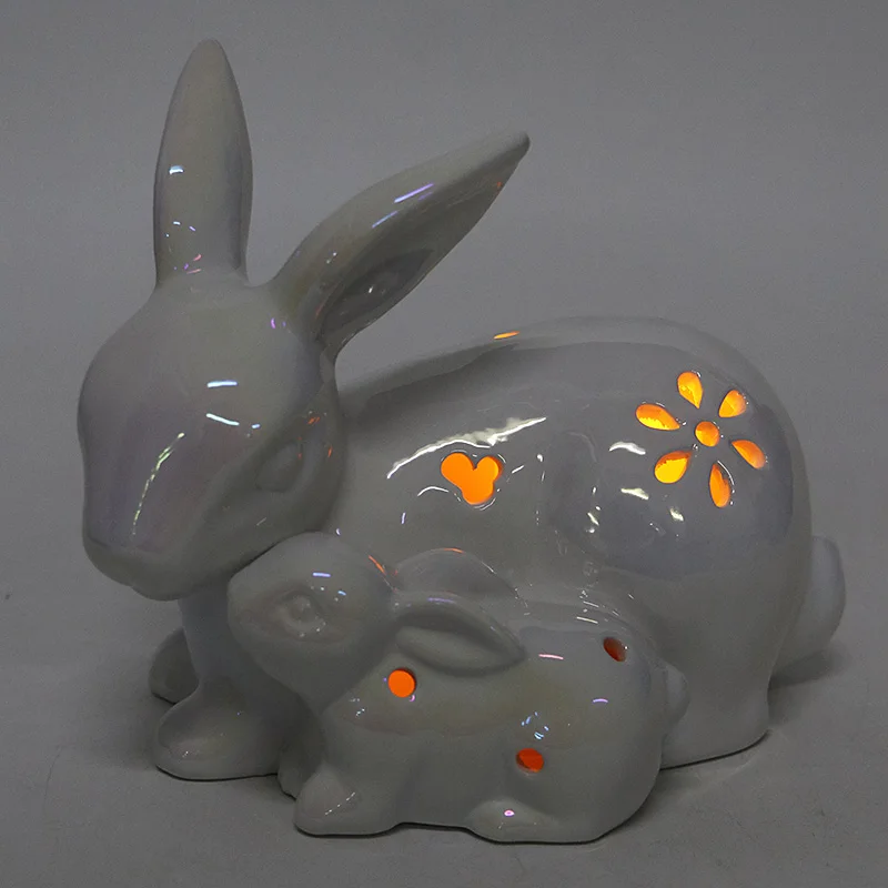 Led Light Ceramic Easter Rabbit and Baby Bunny