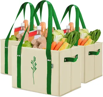 Reusable Grocery Bags - Heavy Duty, Foldable, Washable Canvas Tote Shopping Basket - Box Bag Basket
