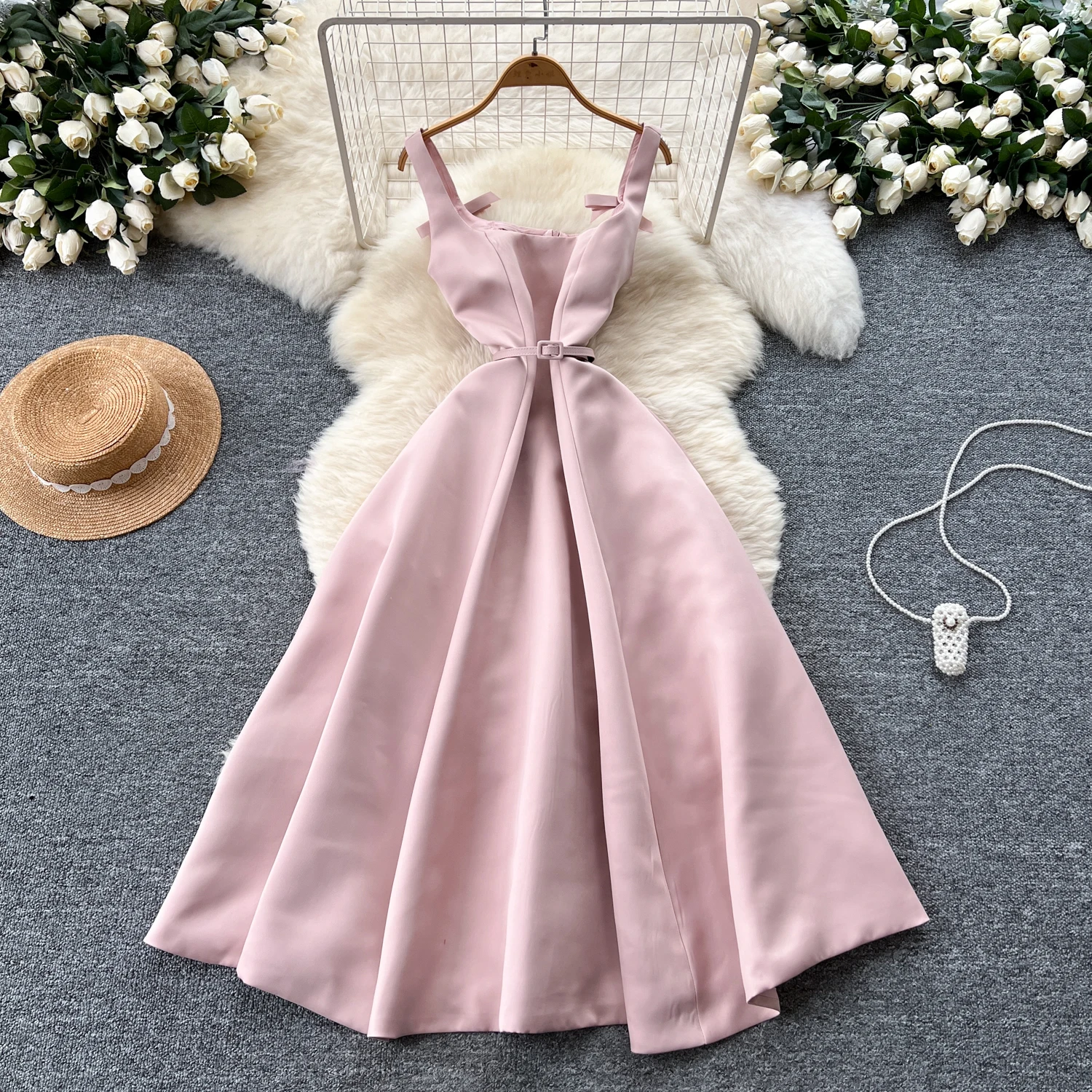 Elegant Audrey Hepburn Style Summer Dress French Bow Waist Belt Slim Fit  Square Neck Flared Midi Dress for Women