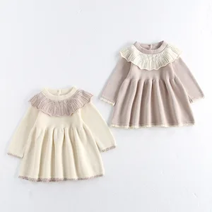 Custom Factory ODM Spring Autumn Girls Princess Dress Long Sleeve Casual Knitted Ruffled Baby Solid Color Clothes for Kids