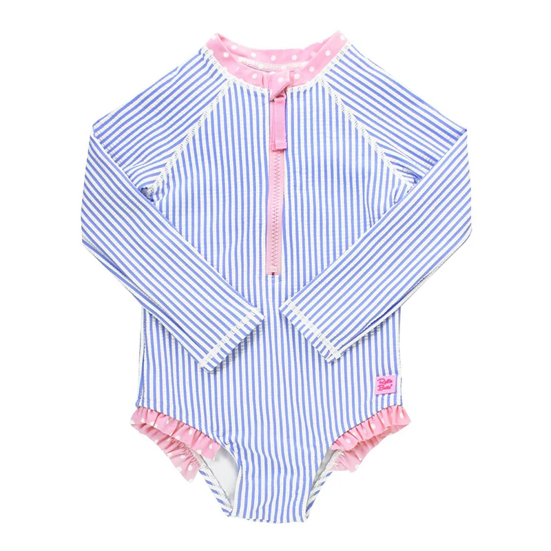 One Piece Toddler Zipper Rash Guard Long Sleeve Ruffle Upf 50+ Sporty High Neck Stripe Swimsuit Kid Teen Girl Swimwear One Piece