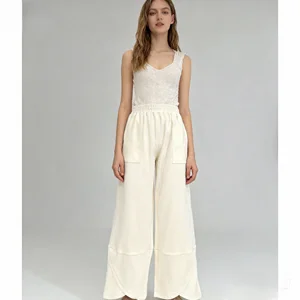 Women's Spring/Autumn Knitted French Terry Wide-Leg Cotton Lounge Pants CloudComfort Luxe Stretch  Ankle-length