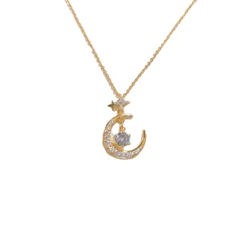 Trendy Exquisite Stylesense Micropaved Zircon Diamond Moon Star Necklace Easy-to-Match Clavicle Link Chain for Anniversary