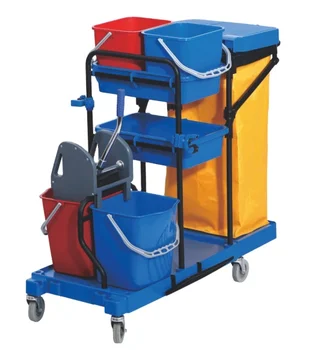 Blue Janitor cart Plastic Service Cart Utility cart with down press double bucket