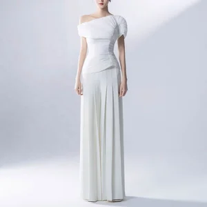 Bettergirl Summer New Female Fashion Temperament Fold Design Sense of Single Top High Waist Straight Leg Pants Suit