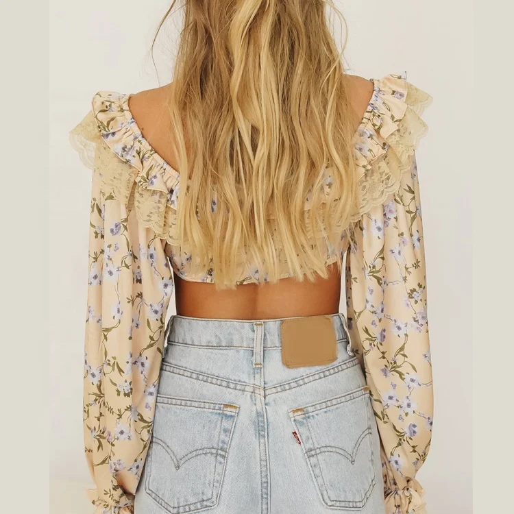 Yellow Floral Long Sleeve Crop Top 