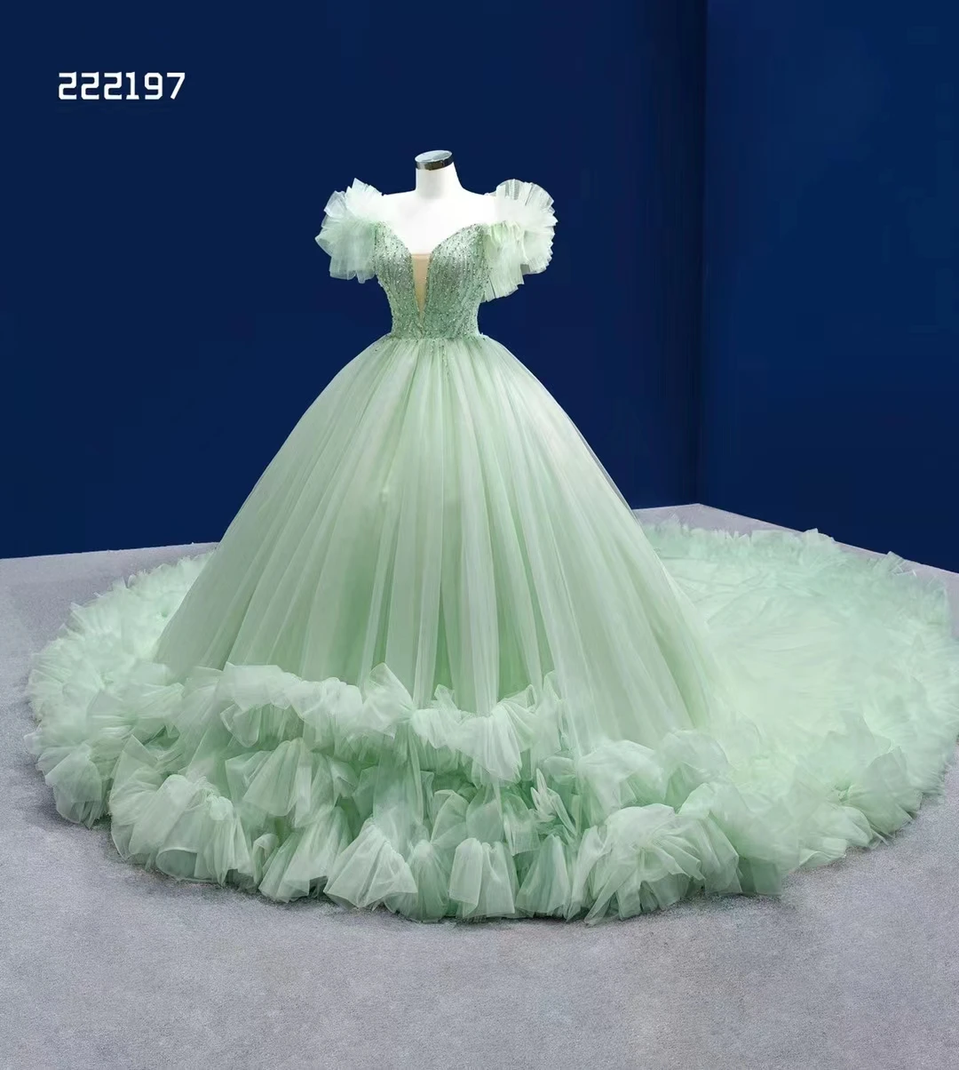 QUEENSGOWN Candy Green Peri Prom Dress Dreamlike Princess Dress Mew Deep-v Tiered Ruffles Pleated Soft Tulle Dress QUEENSGOWN Candy Green Peri Prom Dress Dreamlike Princess Dress Mew Deep-v Tiered Ruffles Pleated Soft Tulle Dress