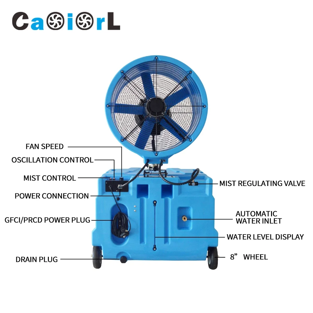 Caoiorl Powerful Oscillating Mobile Mist Cooler Portable Misting Fan Commercial Spray Mist Fan with Water for Outdoor Coolers