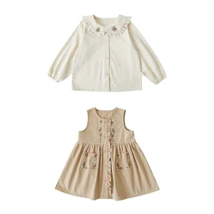 YOEHYAUL Q3245 Autumn Cotton Embroidery Baby Girls Kids Blouse Suit Sleeveless Dresses Wholesale Girls Kids Shirt Top Dress Set