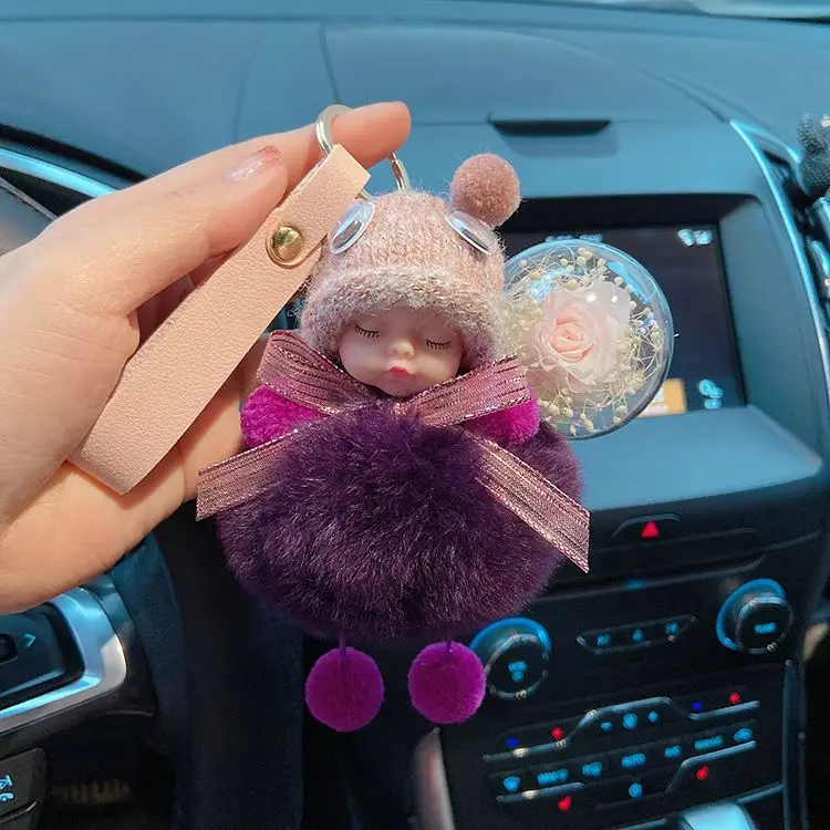 Porte-clés bébé pompon mignon, breloque de sac en peluche, cadeau, porte-clés bébé endormi, porte-clés pompon, porte-clés rose_voghion.com