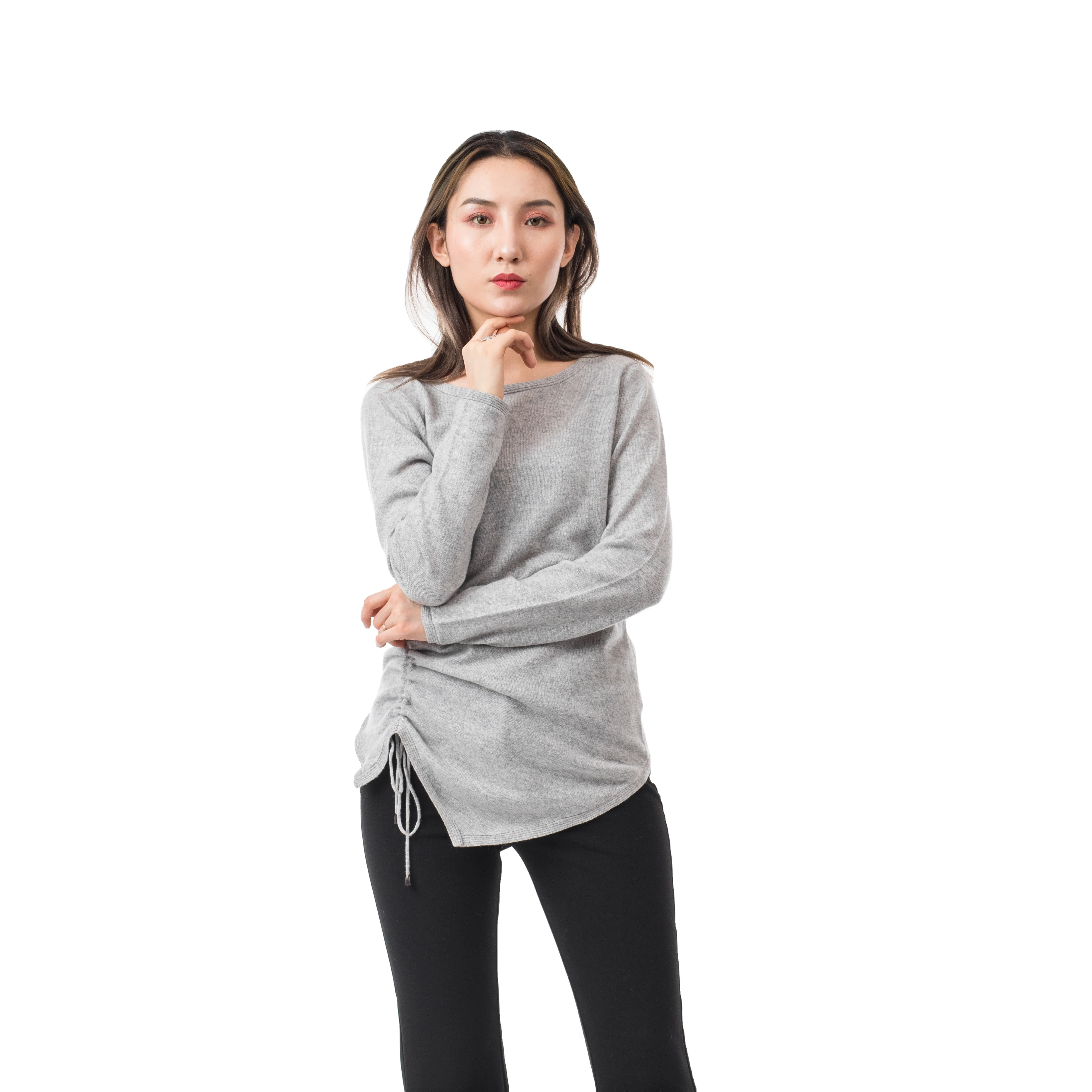 Women Loose Drawstring Sweatshirt Long Sleeve Round Neck Cashmere Pullover Tops