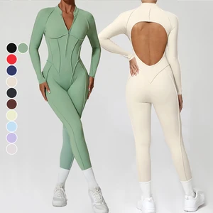Custom Logo Women's Long Sleeves Zipper Tight Sports Bodysuit Breathable Women Backless Butt Lift Workout Rompers Jumpsuits