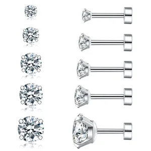 Hypoallergenic Cubic Zirconia Earrings Surgical Steel Flat Back Studs for Cartilage, Screw Back Fashion Jewelry