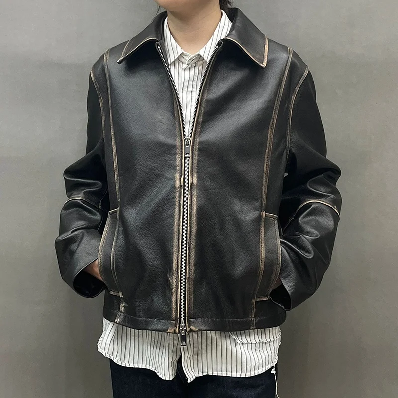 Shop High Quality Vintage Retro Distressed Short Leather Coat