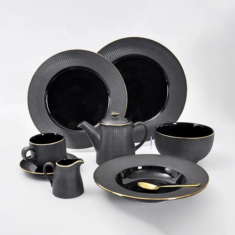 PITO Horeca Matt Claytan Porcelain Tableware Gold Rim Dinner Crockery Dinnerware Wholesale Ceramic Plate for Hotel Restaurant