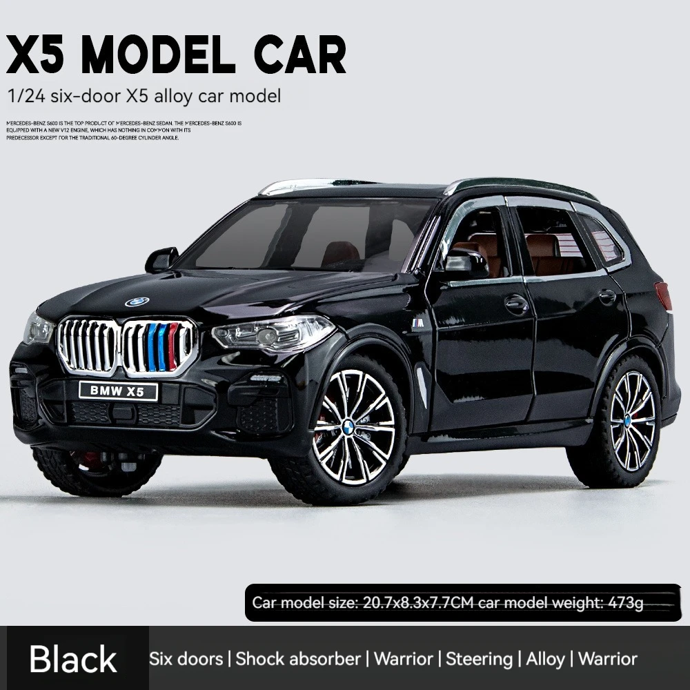Diecast Model Cars 1:24 BWM X5 with Sound and Light Pullback Doors Open Decorate Ornament Metal Model Car Toys